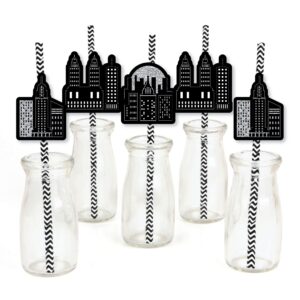 big dot of happiness nighttime city skyline - paper straw decor - new york party striped decorative straws - set of 24