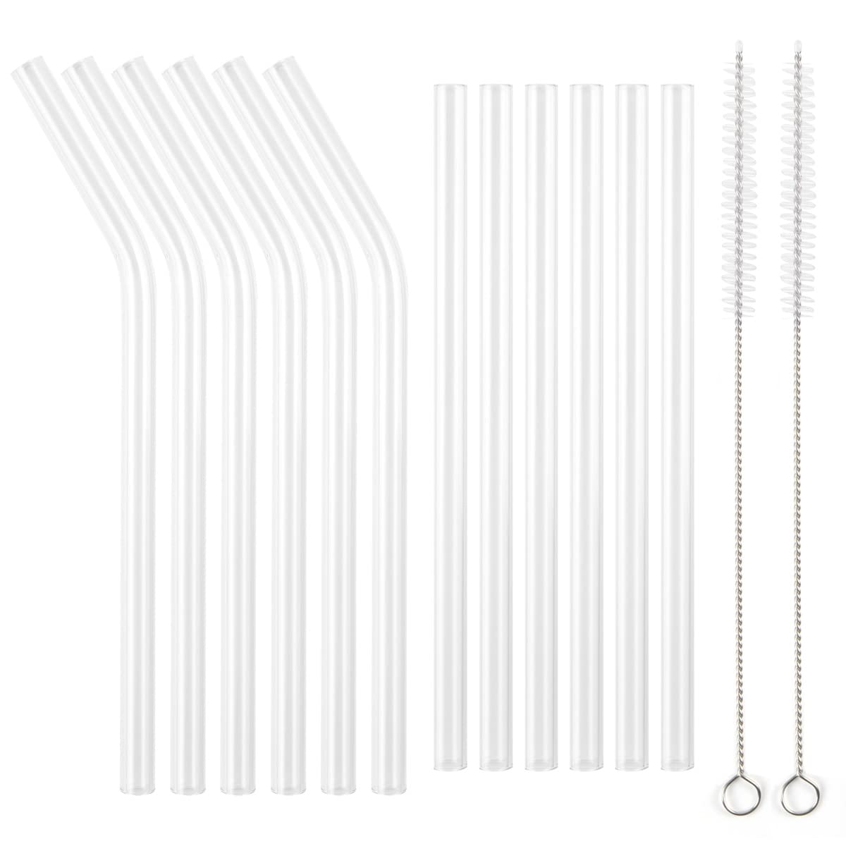 MANZOO Glass Straw Reusable Straws Glass Straws Clear Straws,Including 6PC Straight Straws, 6PC Bent Straws Plus 2PC Cleaning Brush