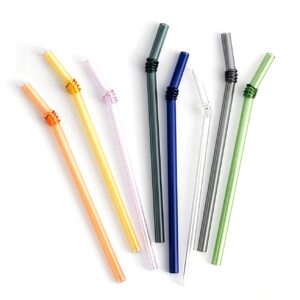 8 pack empo glass straws colored - 8" x 8mm perfect reusable straw - smoothies, tea, juice, water, essential oils gift with 2 cleaning brush multicolor
