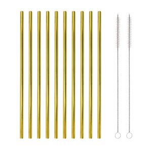 10 pcs stainless steel straws, reusable drinking straws, straight metal straw sets with 2 pcs cleaning brushes (8.5 inch, gold)