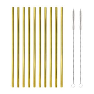 10 Pcs Stainless Steel Straws, Reusable Drinking Straws, Straight Metal Straw Sets with 2 Pcs Cleaning Brushes (8.5 Inch, Gold)