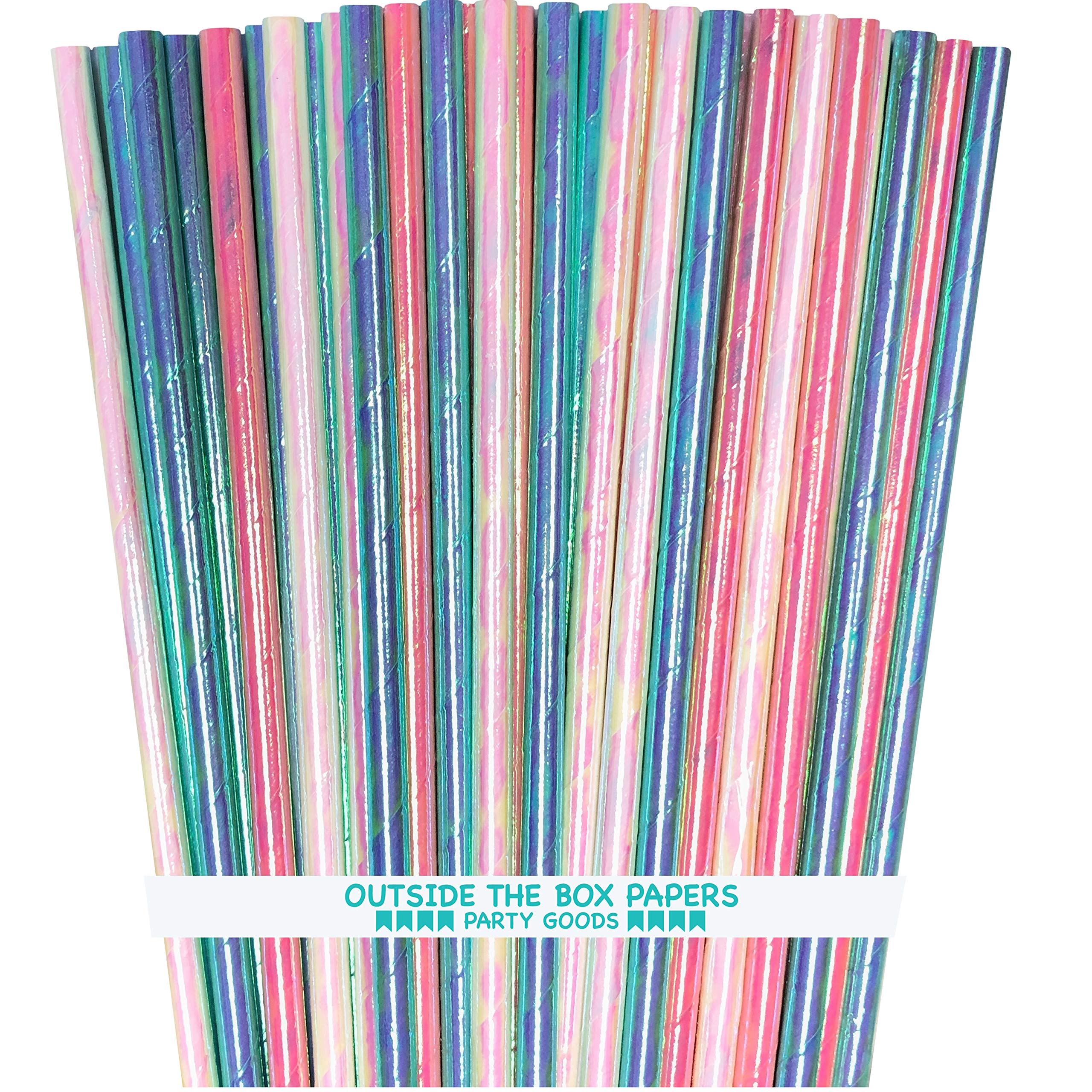 Iridescent Foil Paper Straws - Birthday Party - Valentine Party - Pink Blue Green White Pearl - 7.75 Inches - 100 Pack