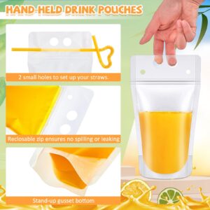 500 Count Summer Plastic Drink Pouches with Straws Heavy Duty Handheld Translucent Reclosable Drink Bags Portable Liquor Pouches Zipper Plastic Pouches for Cold and Hot Drinks for Adults and Kids