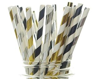 new year's party straws (25 pack) - black, gold and silver party straws, graduation party supplies, formal party supplies, party decor