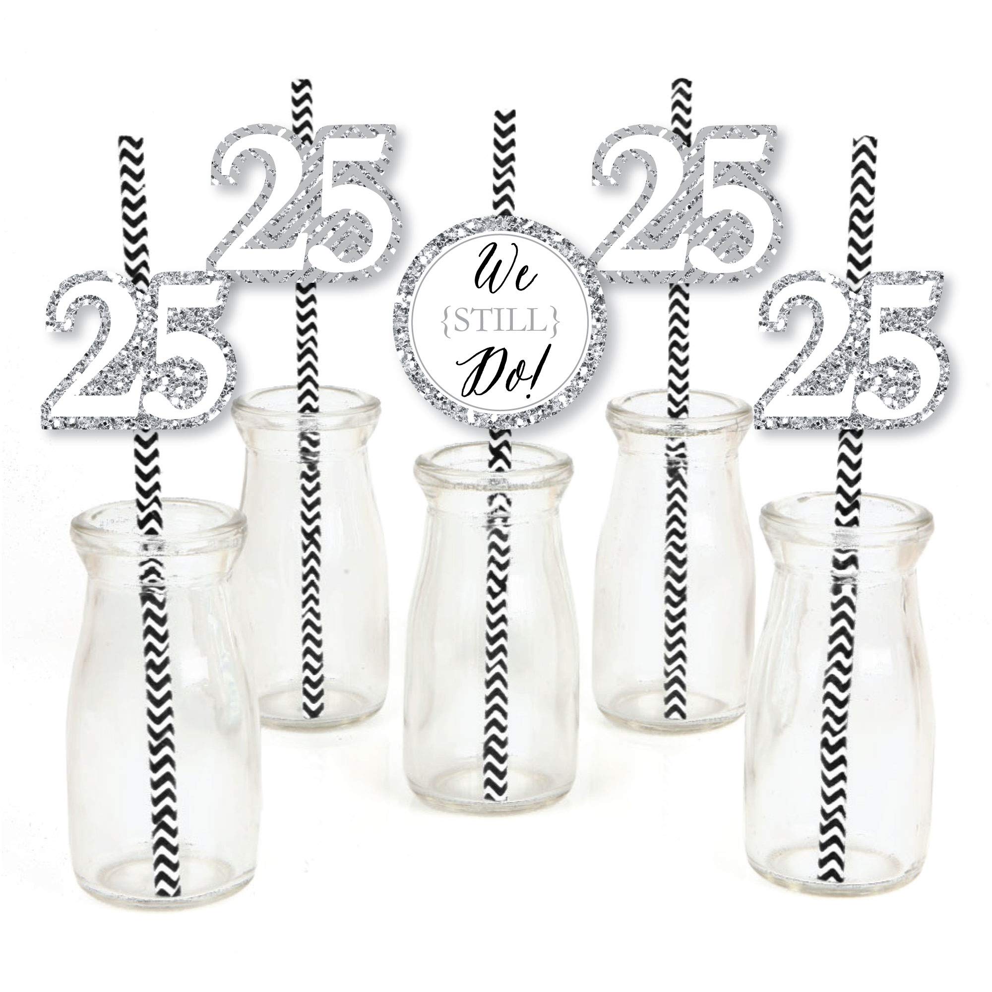 Big Dot of Happiness We Still Do Paper Straw Decor - 25th Wedding Anniversary Party Striped Decorative Straws - Set of 24