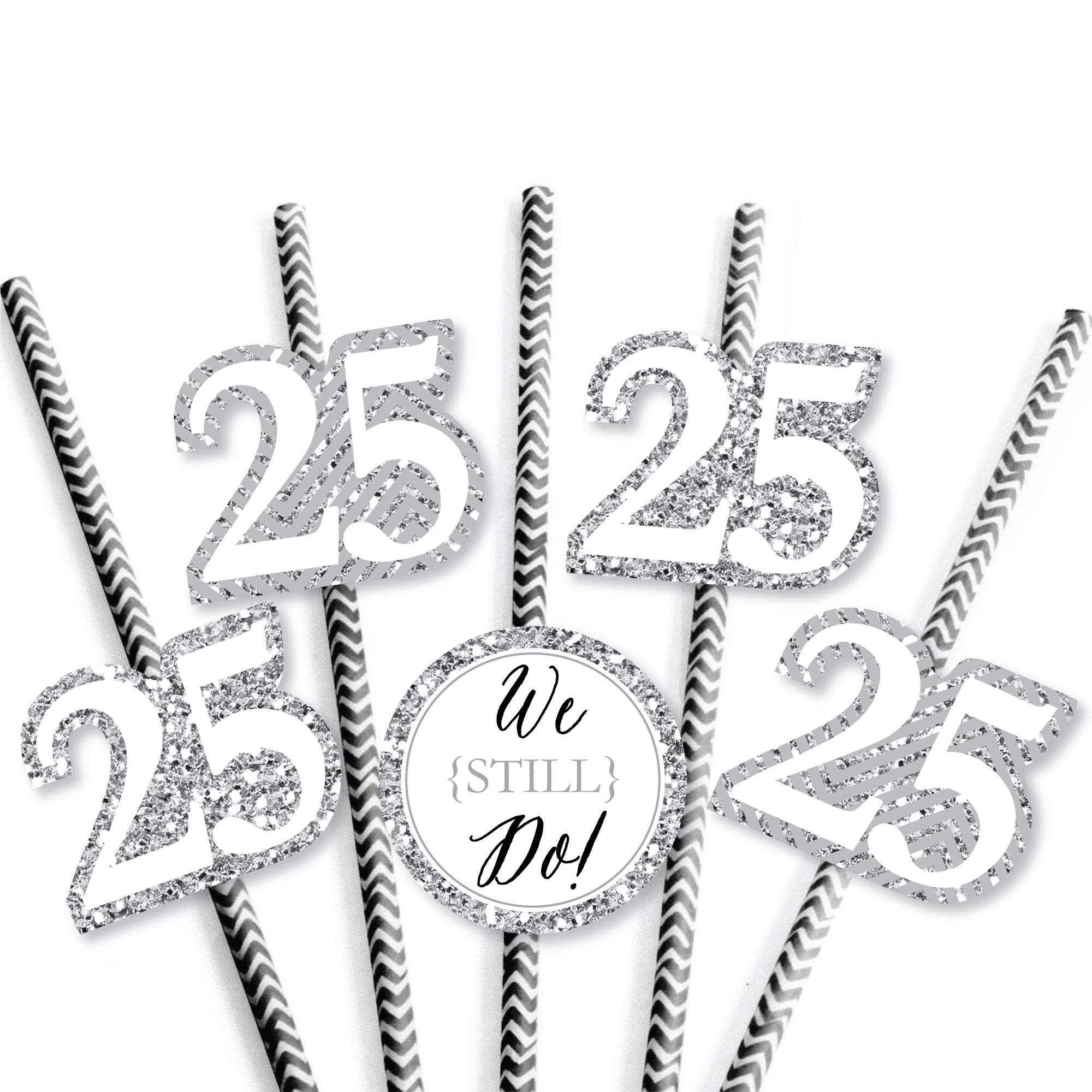 Big Dot of Happiness We Still Do Paper Straw Decor - 25th Wedding Anniversary Party Striped Decorative Straws - Set of 24