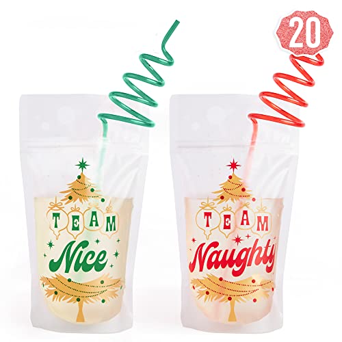 xo, Fetti Red + Green Christmas Drink Pouches + Xmas Tree Straws - 20 count | Team Naughty + Team Nice, Christmas Drinkware