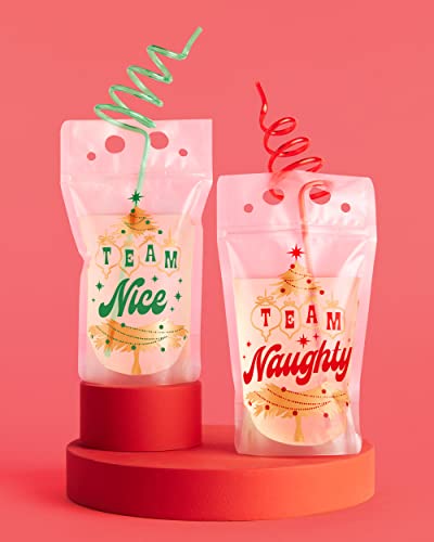 xo, Fetti Red + Green Christmas Drink Pouches + Xmas Tree Straws - 20 count | Team Naughty + Team Nice, Christmas Drinkware