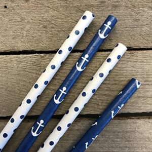 Nautical Theme Anchor and Polka Dot Nautical Theme Paper Straws - Navy Blue and White - 7.75 Inches - 100 Pack