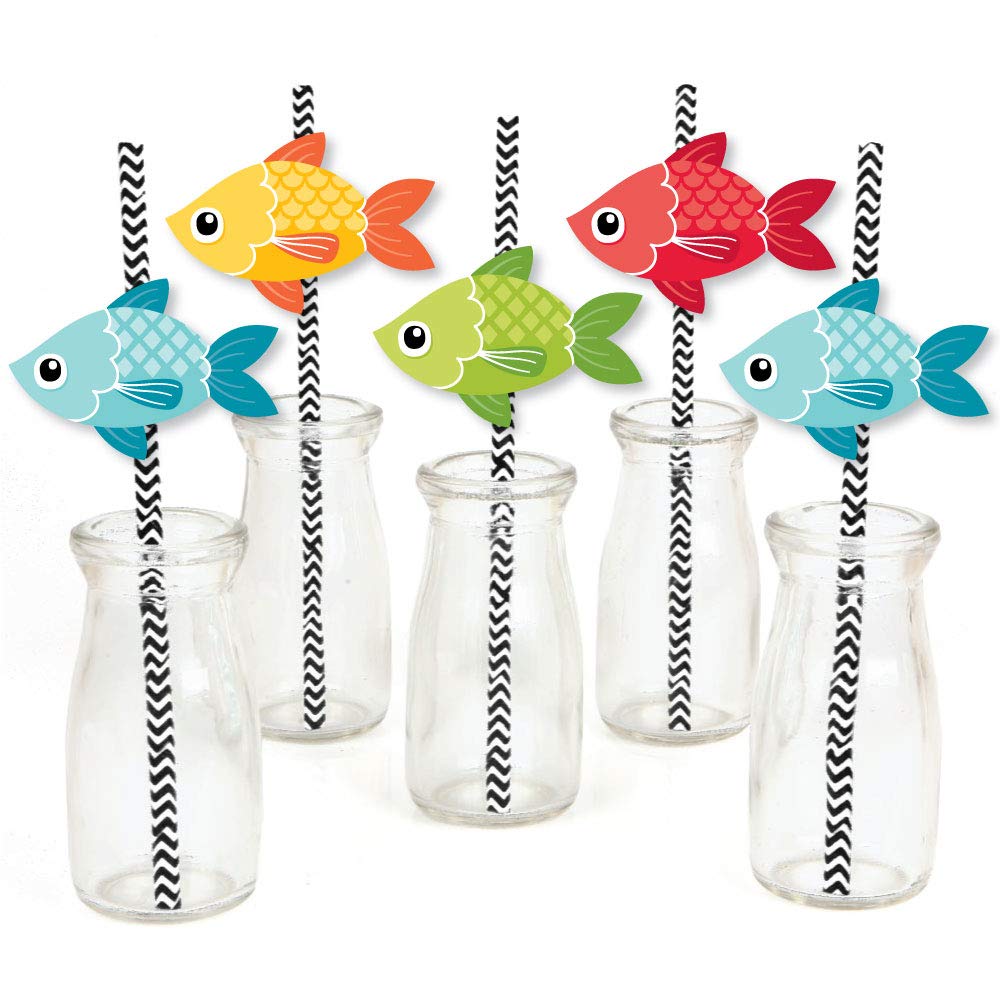 Big Dot of Happiness Let’s Go Fishing - Paper Straw Decor - Fish Themed Birthday Party or Baby Shower Striped Decorative Straws - Set of 24