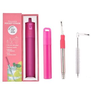 hoshen reusable stainless steel telescopic straw, portable straw, with silicone nozzle and cleaning brush (original box), red，1 piece