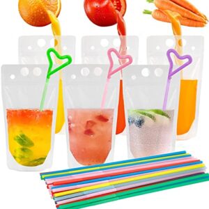 100 pcs drink pouches with straws, freezable drink bags juice pouches, reclosable zipper plastic clear reusable drink container sets with straw for adults cold & hot drinks