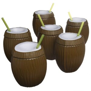 6 pack set tiki 16oz coconut tropical travel tumbler cup plastic drinking glass & straw bpa free plastic reusable