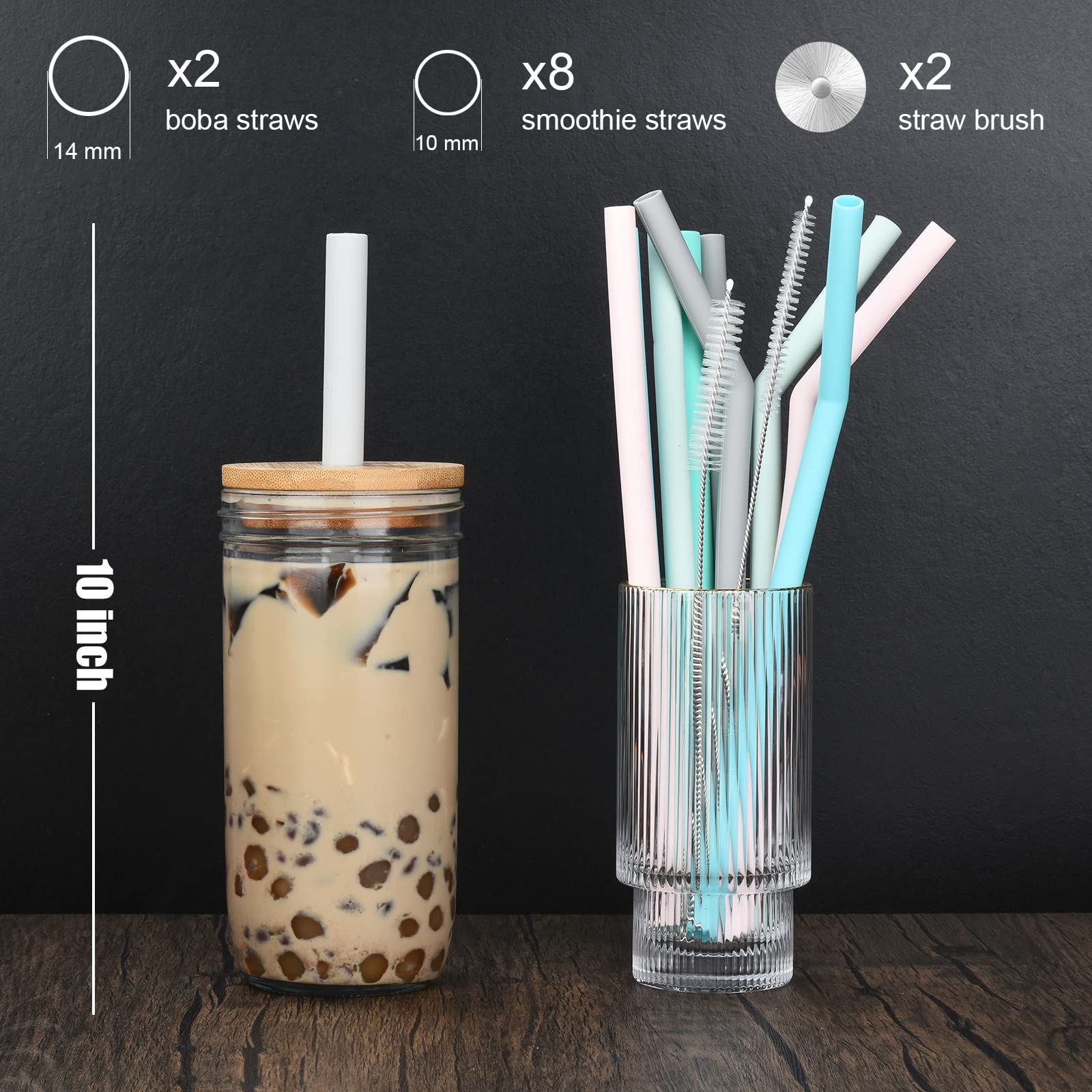 ALINK 15 inch Extra Long Silicone Straws + 2 Silicone Boba Straws 8 Smoothie Straws