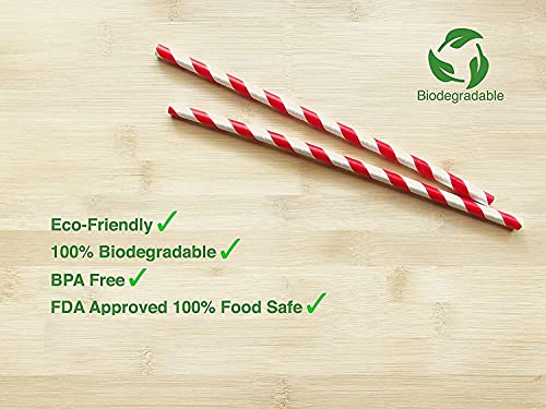 Family Home Products 7.75 inch Red & White Striped Paper Straws, Biodegradable Disposable Drinking Straws 500 Count