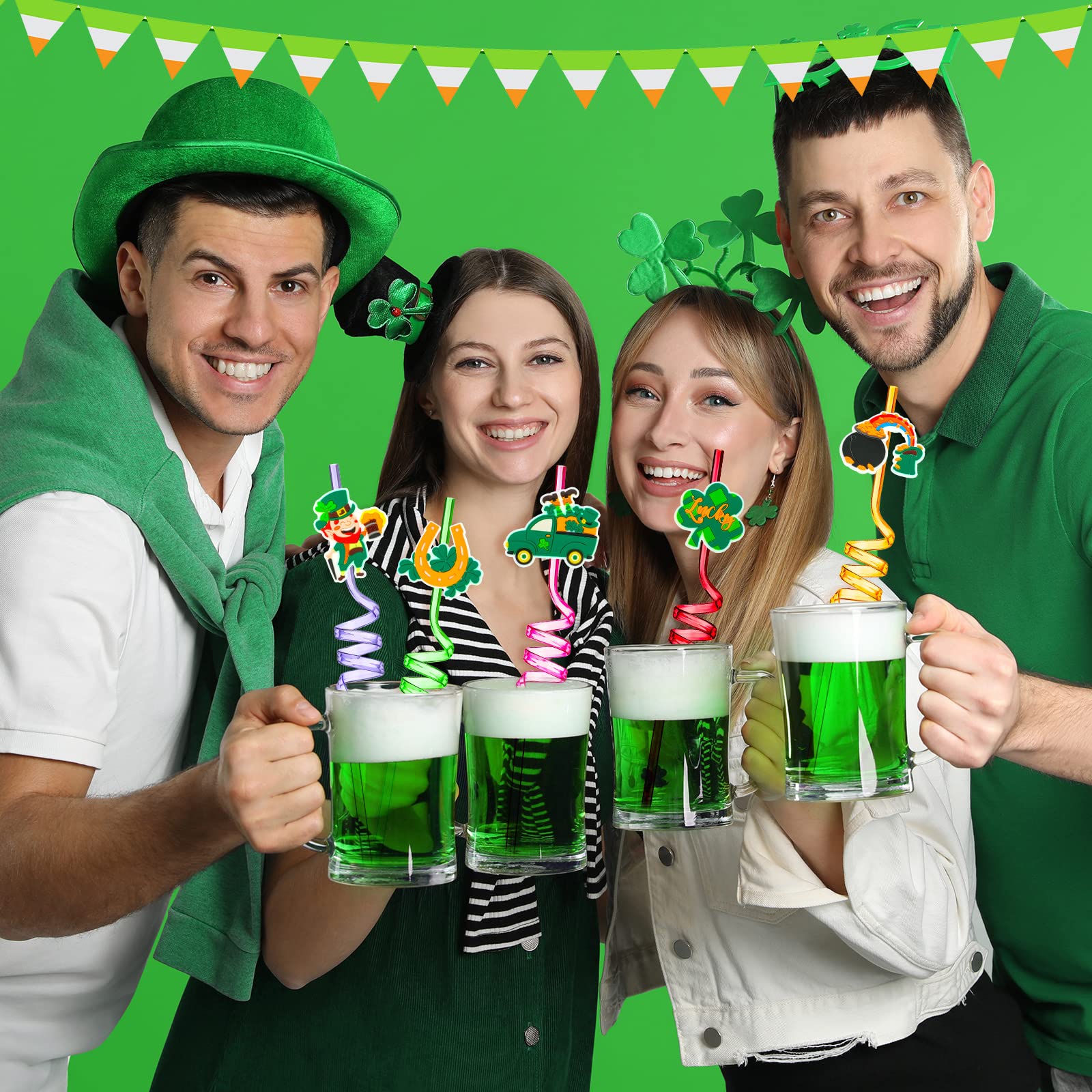 32 Pieces St Patrick's Day Party Straws Shamrock Drinking Crazy Straws Lucky Irish Party Plastic Reusable Drinking Straws for St. Patrick's Day Theme Party Supplies Goodie Bags, 8 Styles