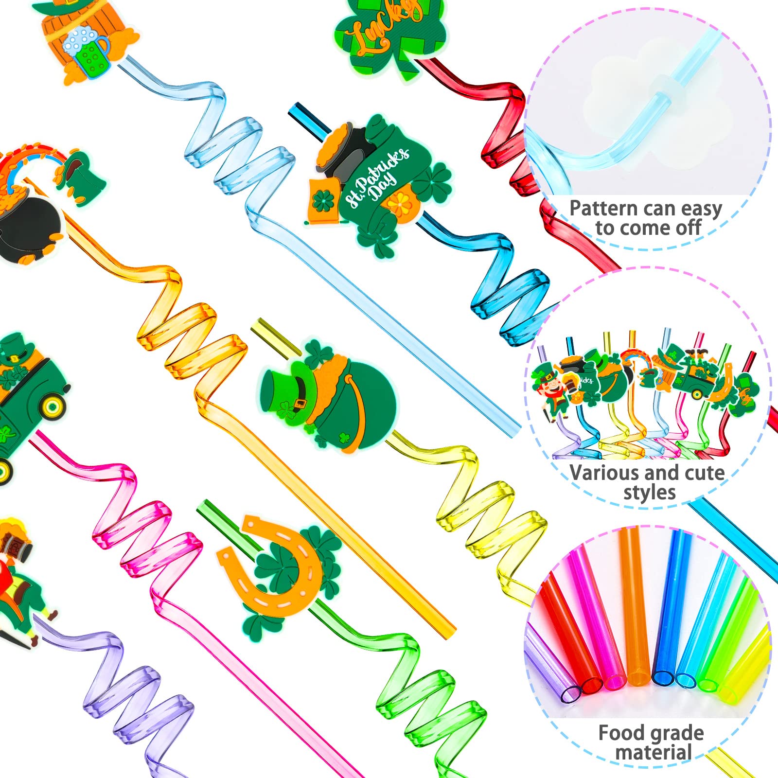 32 Pieces St Patrick's Day Party Straws Shamrock Drinking Crazy Straws Lucky Irish Party Plastic Reusable Drinking Straws for St. Patrick's Day Theme Party Supplies Goodie Bags, 8 Styles