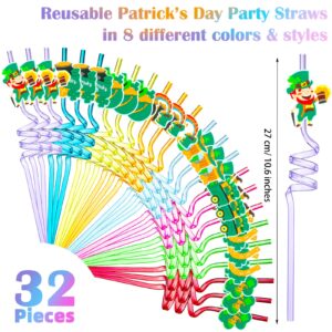 32 Pieces St Patrick's Day Party Straws Shamrock Drinking Crazy Straws Lucky Irish Party Plastic Reusable Drinking Straws for St. Patrick's Day Theme Party Supplies Goodie Bags, 8 Styles