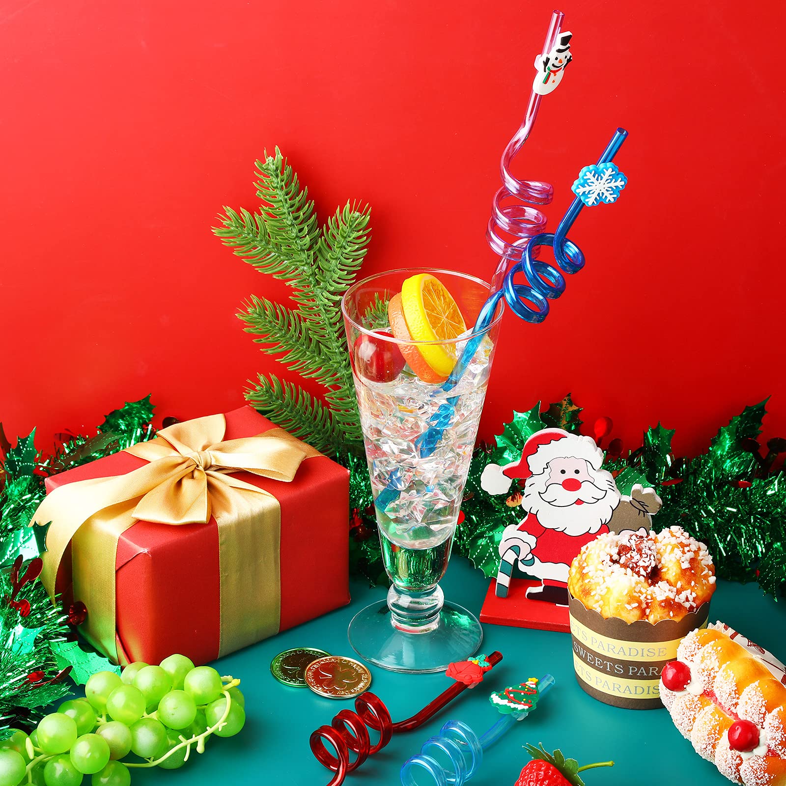 24 Pieces Christmas Drinking Straws Reusable Xmas Theme Party Plastic Straw, Santa Claus Snowman Christmas Tree Baby Shower Colorful Cartoon Straws for Christmas Birthday Party Favors, 8 Styles