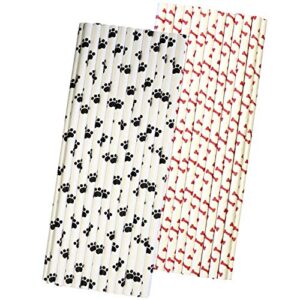 dog theme bone and paw print paper straws - black white red - 50 pack outside the box papers brand