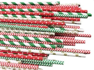 pack of 150 christmas paper straws in red, green and gold. holiday straws, vintage party supplies, santa red & emerald elf green straws