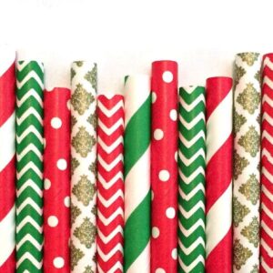 Pack of 150 Christmas Paper Straws in Red, Green and Gold. Holiday Straws, Vintage Party Supplies, Santa Red & Emerald Elf Green Straws