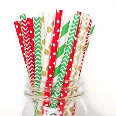 Pack of 150 Christmas Paper Straws in Red, Green and Gold. Holiday Straws, Vintage Party Supplies, Santa Red & Emerald Elf Green Straws