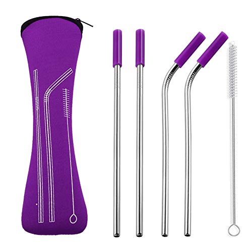 Connoworld Reusable Stainless Steel Straws Kit Tools, Includes 2 Straight Drinking Straws + 2 Bent Drinking Straws + 1 Cleaning Brush + 4 Detachable Silicone Tips Covers Purple