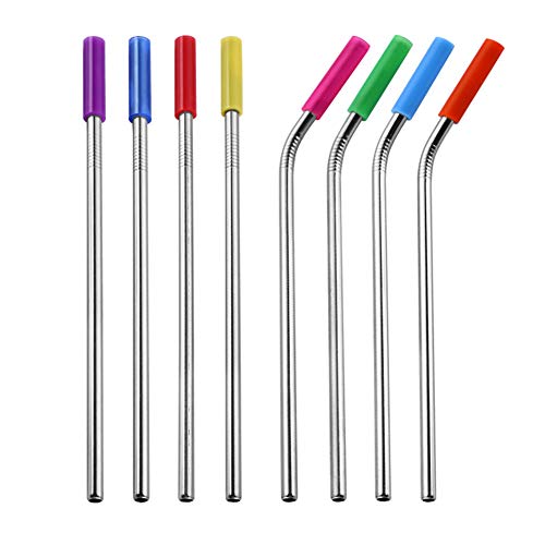 Connoworld Reusable Stainless Steel Straws Kit Tools, Includes 2 Straight Drinking Straws + 2 Bent Drinking Straws + 1 Cleaning Brush + 4 Detachable Silicone Tips Covers Purple