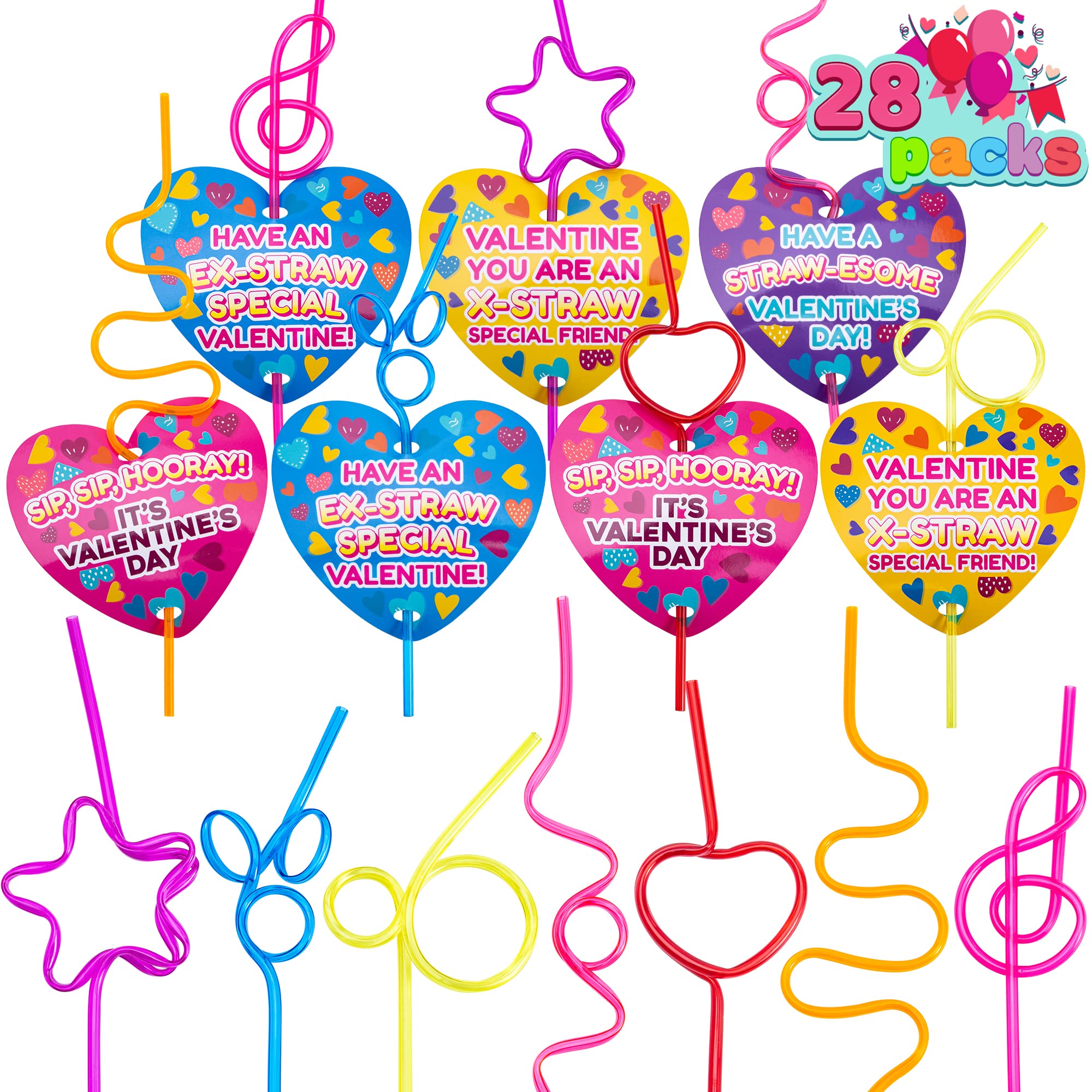 JOYIN 28 Pack Valentines Day Gift Cards with Gift Colorful Crazy Loop Reusable Drinking Straws for Classroom Exchange Prizes, Valentine Party Favors Toy