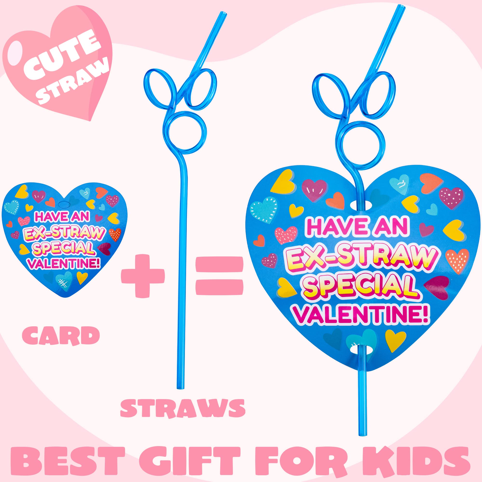 JOYIN 28 Pack Valentines Day Gift Cards with Gift Colorful Crazy Loop Reusable Drinking Straws for Classroom Exchange Prizes, Valentine Party Favors Toy