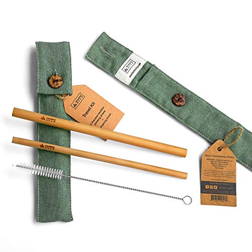 Bamboo Step - Bamboo Straw travel kit - SIGNATURE LINE: 2 Reusable Luxury straws of 20cm/7.9" and a cleaning brush is a design fabric pouch. (Color Khaki Green)