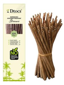 dtocs 100 pc. elegant bamboo straw look coconut leaf disposable straws | long unwrapped biodegradable smoothie, cocktail, coffee compostable straw alternate to wooden, paper, plastic & reusable straws