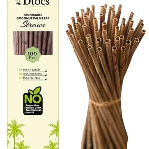 Dtocs 100 Pc. Elegant Bamboo Straw Look Coconut Leaf Disposable Straws | Long Unwrapped Biodegradable Smoothie, Cocktail, Coffee Compostable Straw Alternate to Wooden, Paper, Plastic & Reusable Straws