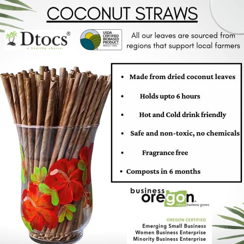 Dtocs 100 Pc. Elegant Bamboo Straw Look Coconut Leaf Disposable Straws | Long Unwrapped Biodegradable Smoothie, Cocktail, Coffee Compostable Straw Alternate to Wooden, Paper, Plastic & Reusable Straws