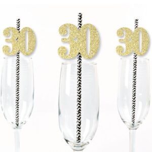 gold glitter 30 party straws - no-mess real gold glitter cut-out numbers & decorative 30th birthday party paper straws - set of 24