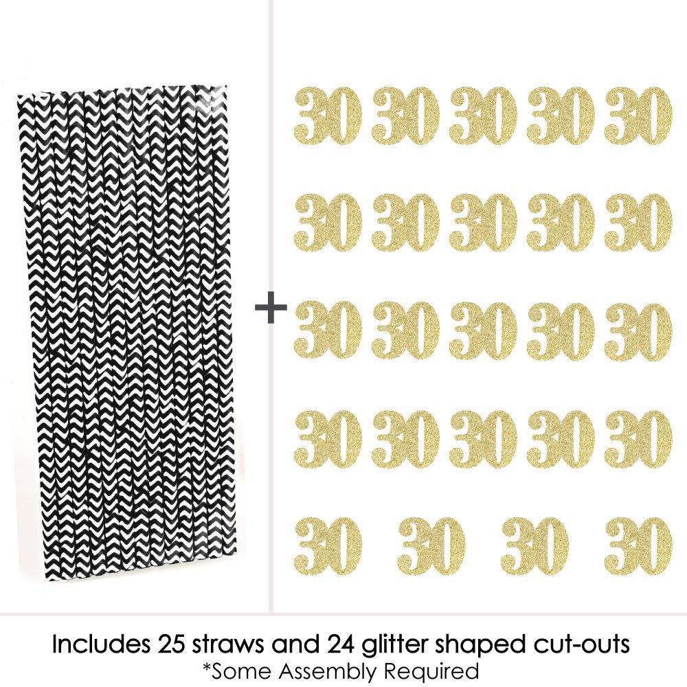 Gold Glitter 30 Party Straws - No-Mess Real Gold Glitter Cut-Out Numbers & Decorative 30th Birthday Party Paper Straws - Set of 24