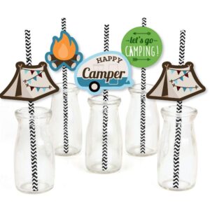 happy camper - paper straw decor - camping baby shower or birthday party striped decorative straws - set of 24