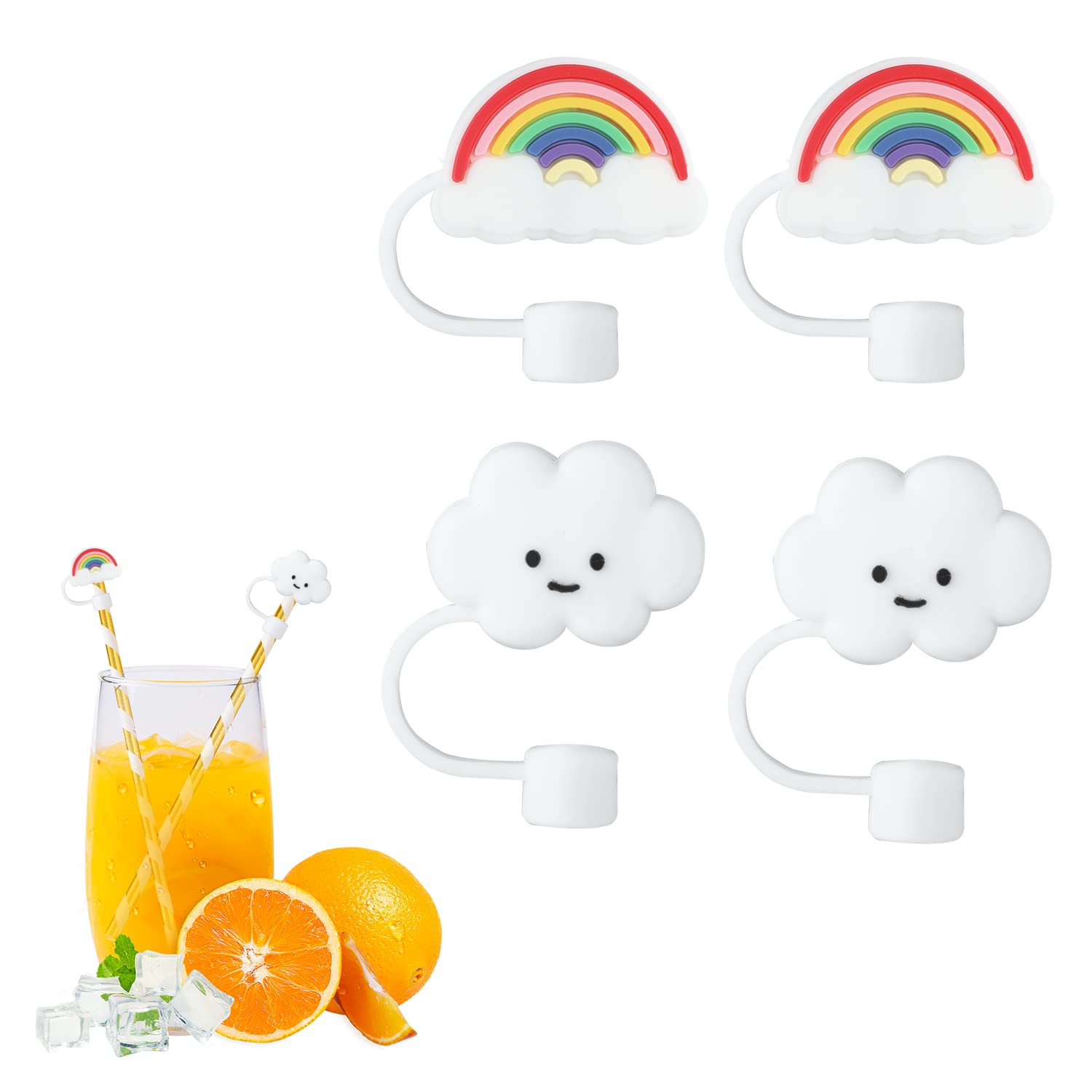 SAVITA 4pcs Straw Covers for Reusable Straws, Silicone Straw Tips Cover Cute Straw Covers Cap Rainbow Straw Cover Cloud Straw Cap for Sippy Cups with 6mm Diameter Straws