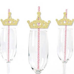 gold glitter princess crown party straws - no-mess real gold glitter cut-outs and decorative pink and gold princess baby shower or birthday party paper straws - set of 24
