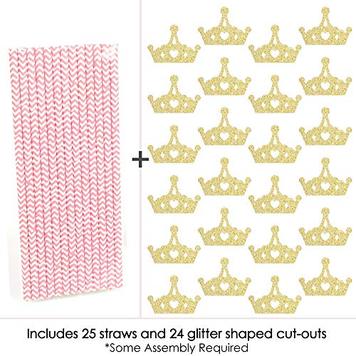 Gold Glitter Princess Crown Party Straws - No-Mess Real Gold Glitter Cut-Outs and Decorative Pink and Gold Princess Baby Shower or Birthday Party Paper Straws - Set of 24