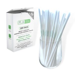 pla stix compostable drinking straws - 200 [+20] white disposable straws: bendy + straight, 7 inch non-plastic reusable straws made from plants