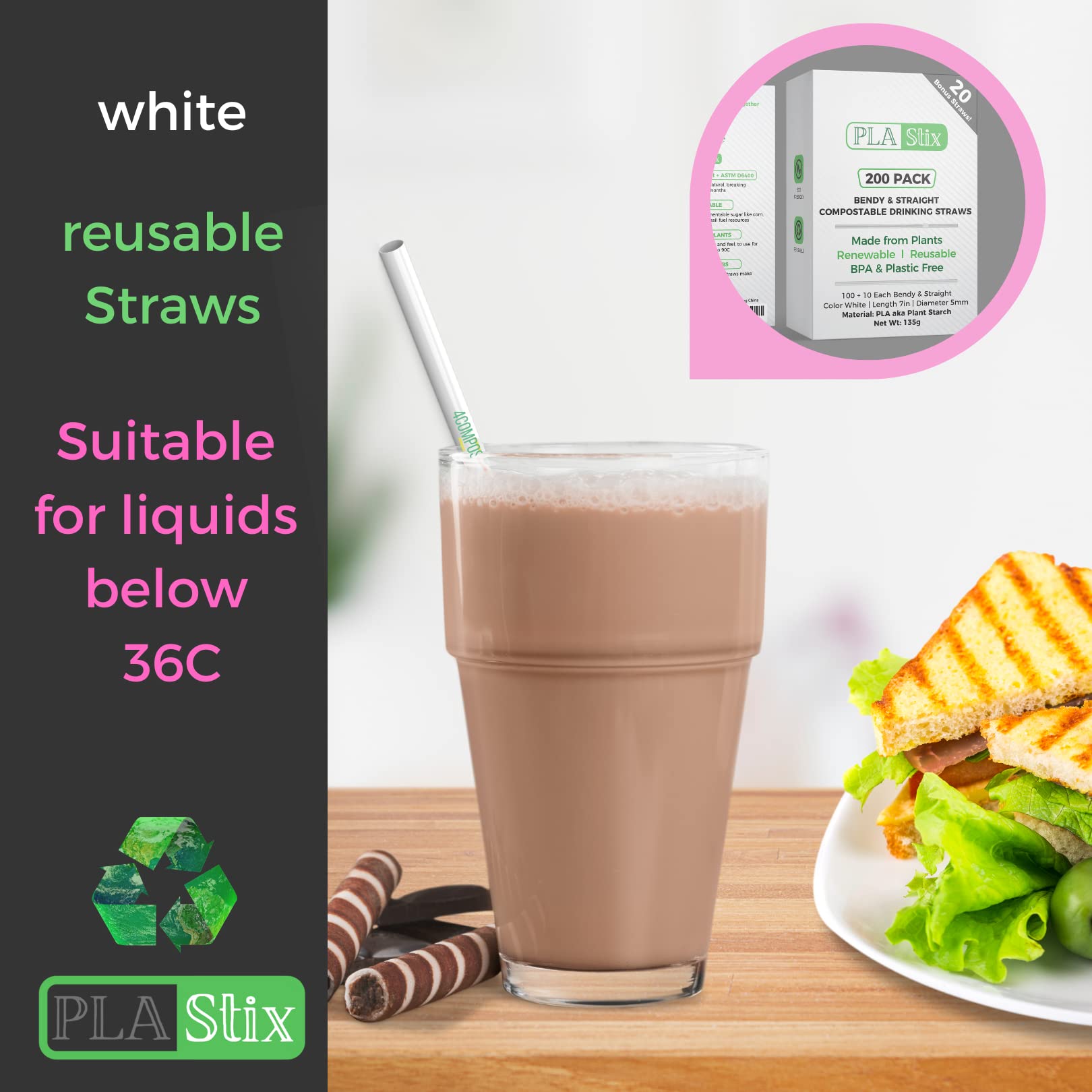 PLA Stix Compostable Drinking Straws - 200 [+20] White Disposable Straws: Bendy + Straight, 7 Inch Non-Plastic Reusable Straws made from Plants