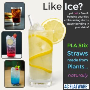 PLA Stix Compostable Drinking Straws - 200 [+20] White Disposable Straws: Bendy + Straight, 7 Inch Non-Plastic Reusable Straws made from Plants