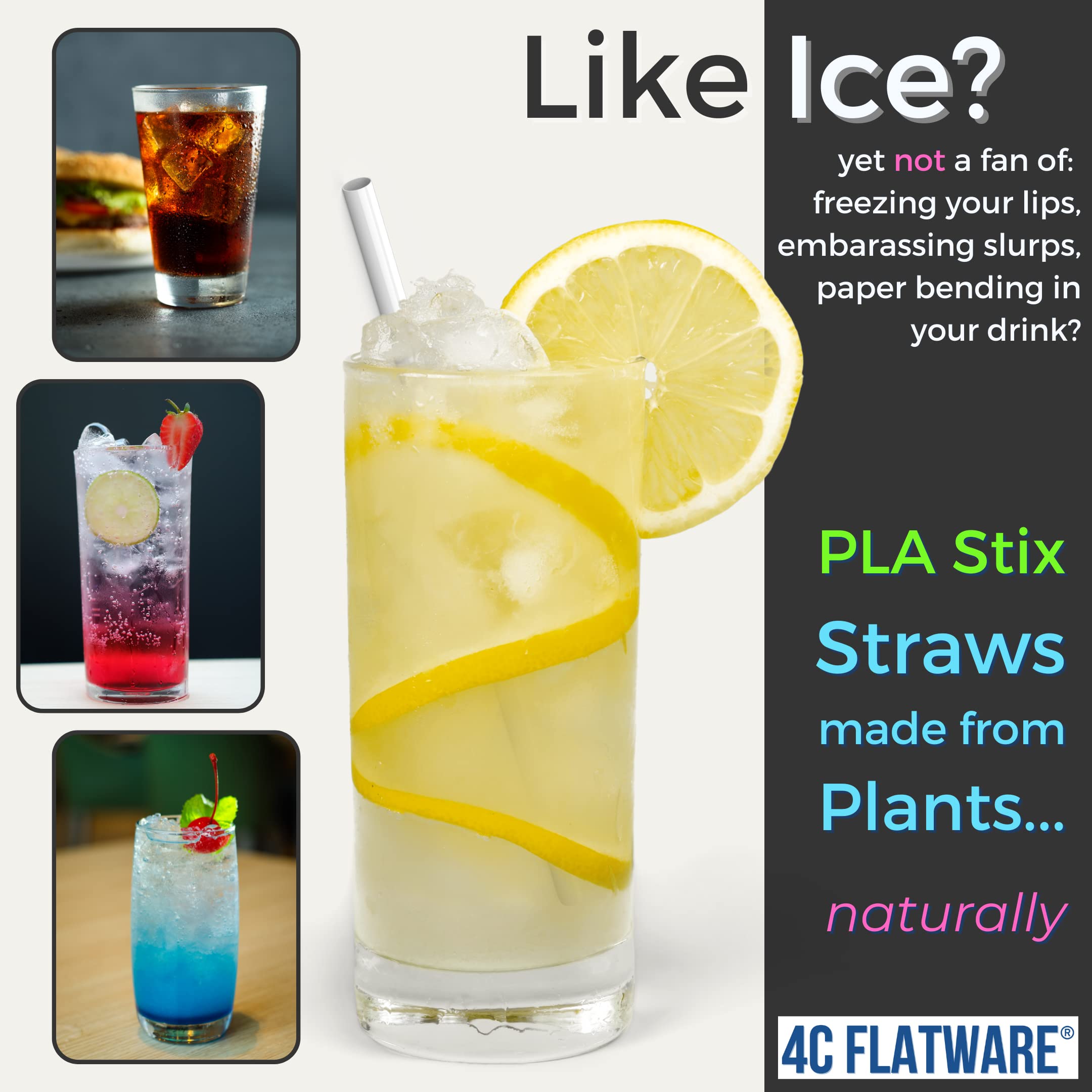 PLA Stix Compostable Drinking Straws - 200 [+20] White Disposable Straws: Bendy + Straight, 7 Inch Non-Plastic Reusable Straws made from Plants