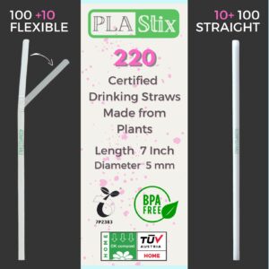 PLA Stix Compostable Drinking Straws - 200 [+20] White Disposable Straws: Bendy + Straight, 7 Inch Non-Plastic Reusable Straws made from Plants