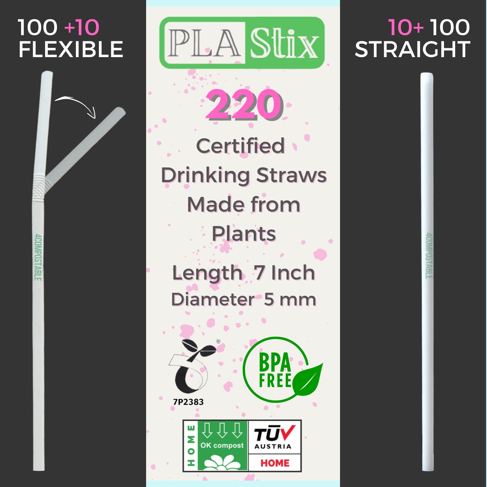PLA Stix Compostable Drinking Straws - 200 [+20] White Disposable Straws: Bendy + Straight, 7 Inch Non-Plastic Reusable Straws made from Plants