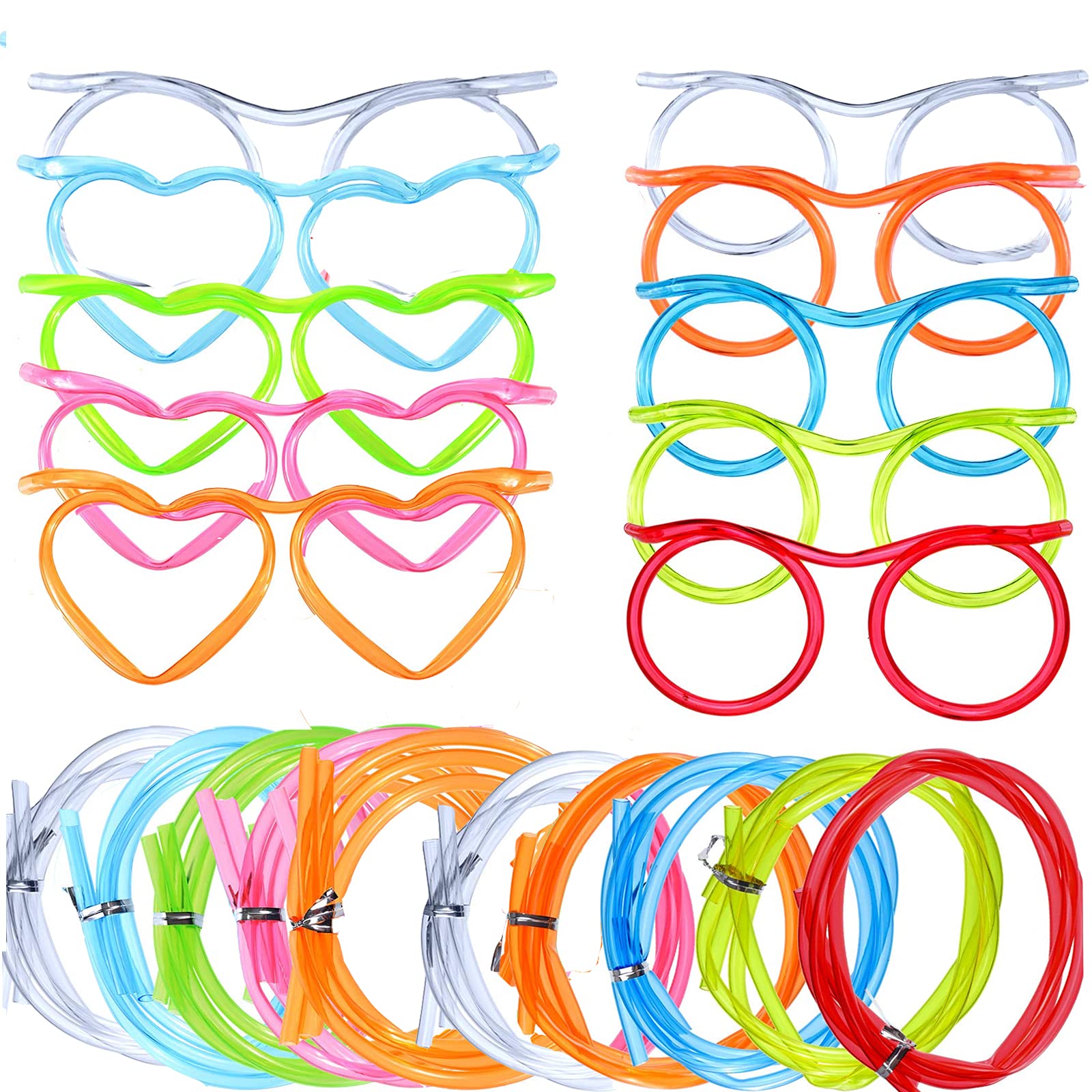 Silly Kids Fun Glasses Straws 10 sets, Crazy Fun Heart Drinking Straws for kids, Curly Round Heart Funny Straws for Children Adult, Party Competition Game Straw Novelty Plastic Straws