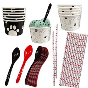 dog birthday party treat kit - 4 ounce black and white paw print and dog bone mini paper treat cups - black and red plastic spoons - bone print paper straws - pack for 12