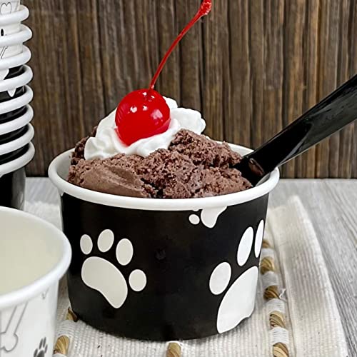 Dog Birthday Party Treat Kit - 4 Ounce Black and White Paw Print and Dog Bone Mini Paper Treat Cups - Black and Red Plastic Spoons - Bone Print Paper Straws - Pack for 12